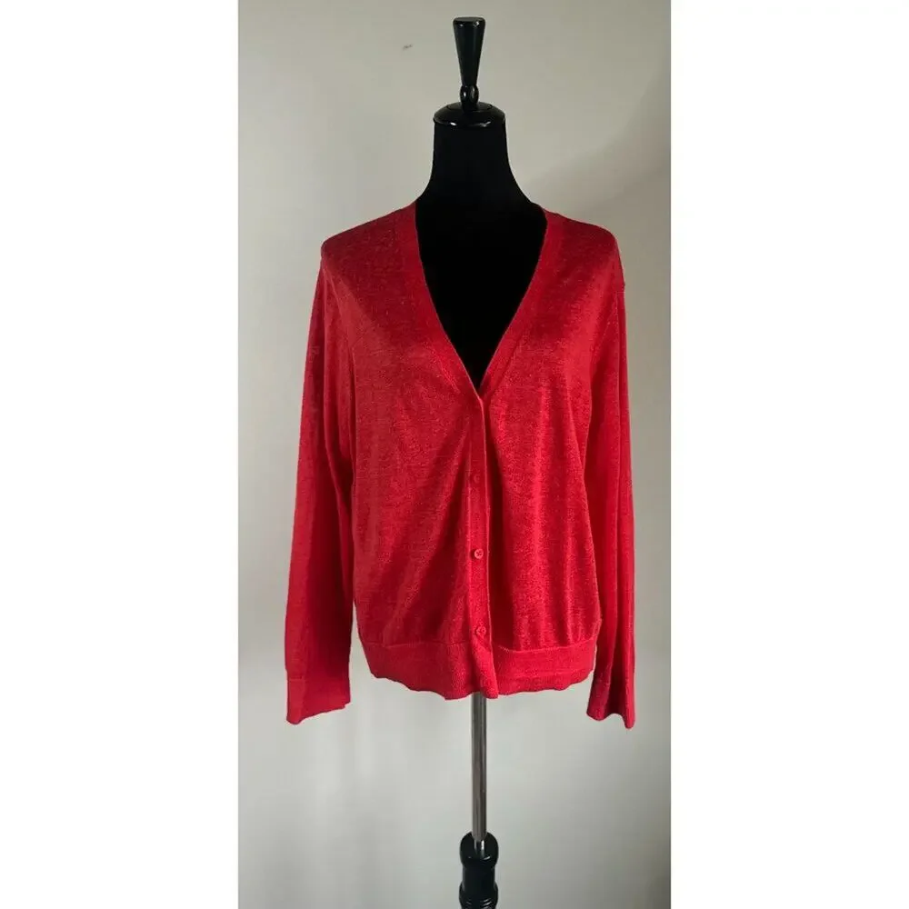 RALPH LAUREN Red Eyelet Back Long Sleeve Linen Cardigan Size XL
